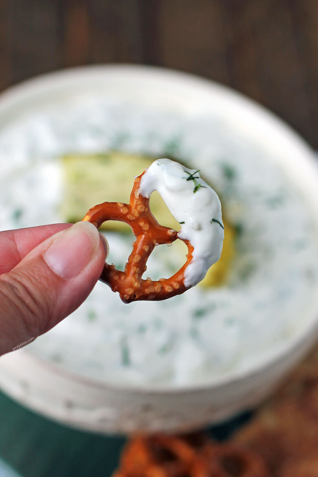 Dill Pickle Dip on a pretzel