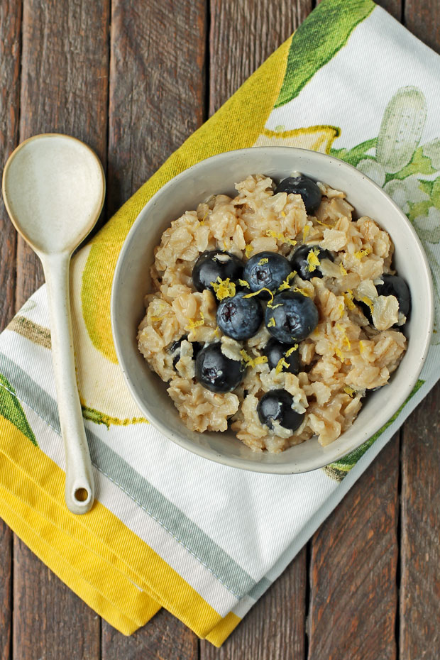 Lemon Blueberry Oatmeal overhead in a bowl