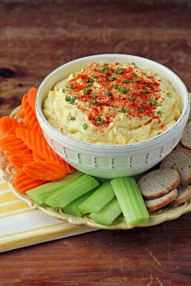 Deviled Egg Dip in a bowl with dippers