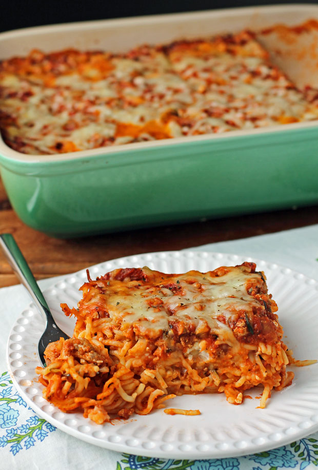 Loaded Spaghetti Bake piece with a fork