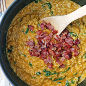 Pumpkin Risotto with Spinach and Bacon in the pot