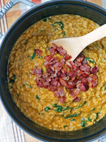 Pumpkin Risotto with Spinach and Bacon in the pot