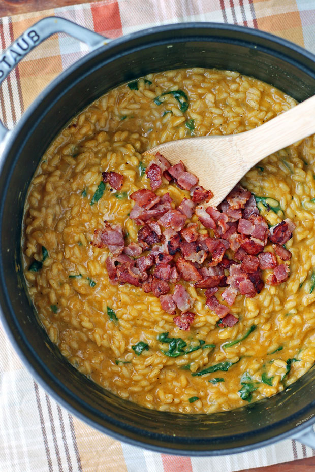 Pumpkin Risotto with Spinach and Bacon in the pot