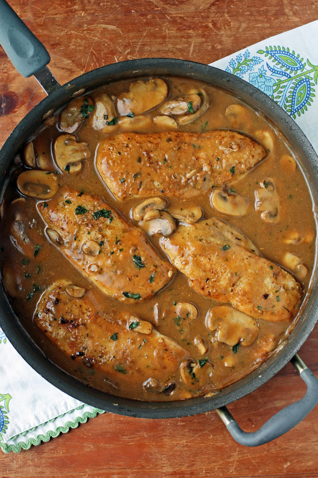 Skillet Chicken and Mushrooms in Gravy overhead in the pan