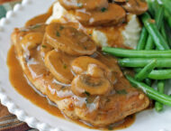Skillet Chicken and Mushrooms in Gravy with mashed potatoes and green beans