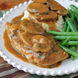 Skillet Chicken and Mushrooms in Gravy with mashed potatoes and green beans