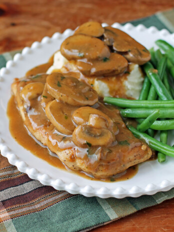 Skillet Chicken and Mushrooms in Gravy with mashed potatoes and green beans