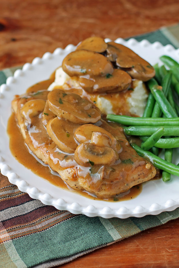 Skillet Chicken and Mushrooms in Gravy with mashed potatoes and green beans
