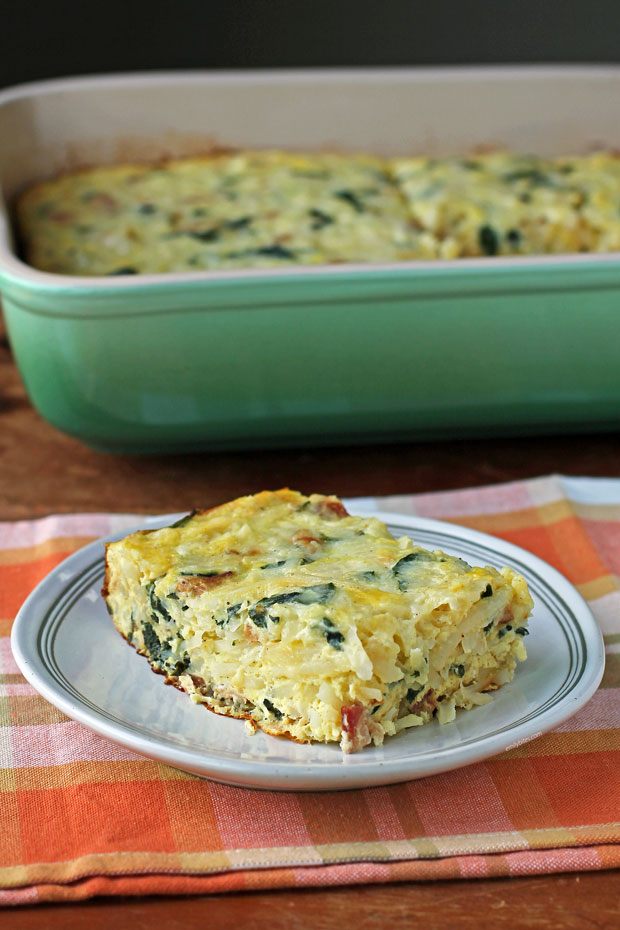 Bacon and Spinach Hash Brown Egg Bake on a plate
