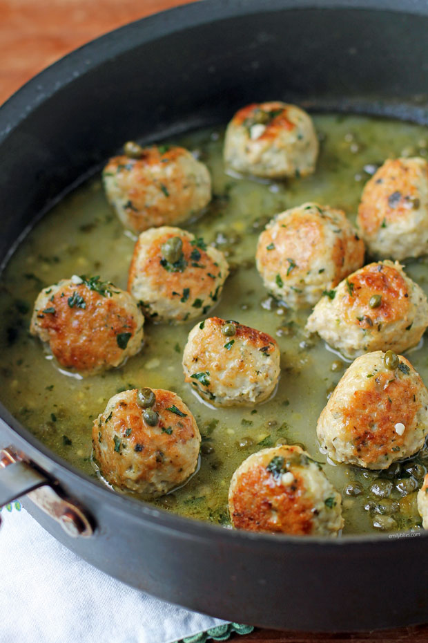 Chicken Piccata Meatballs in a skillet