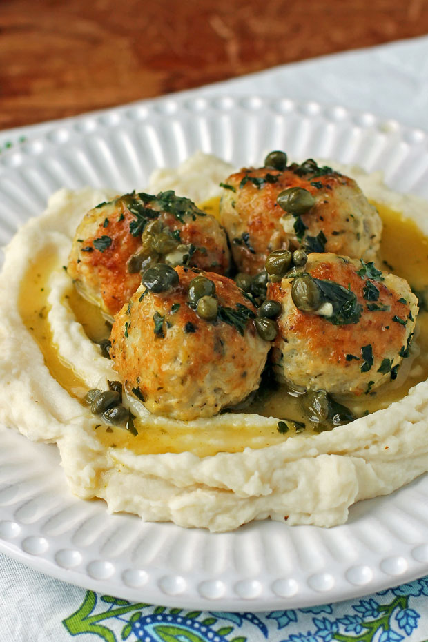 Chicken Piccata Meatballs with mashed potatoes