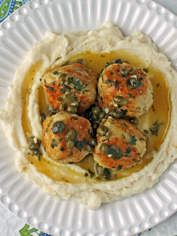 Chicken Piccata Meatballs with mashed potatoes overhead
