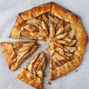 Easy Pear Galette sliced on parchment