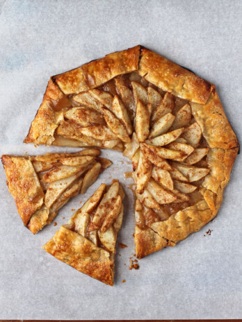 Easy Pear Galette sliced on parchment