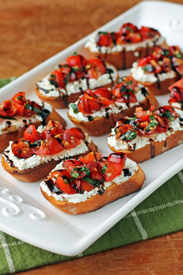 Tomato and Goat Cheese Bruschetta on a serving platter