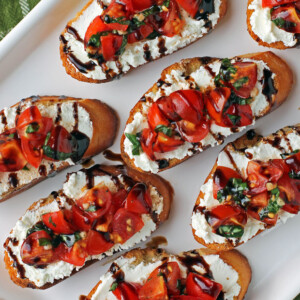 Tomato and goat Cheese Bruschetta overhead close up
