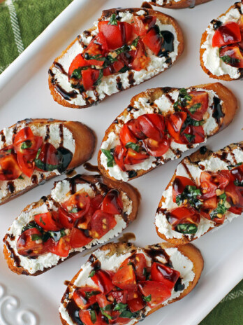 Tomato and goat Cheese Bruschetta overhead close up