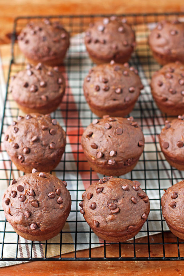 Double Chocolate Banana Muffins on a cooling rack