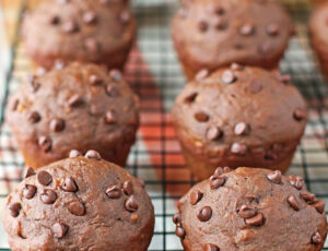 Two rows of Double Chocolate Banana Muffins