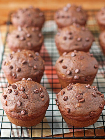 Two rows of Double Chocolate Banana Muffins