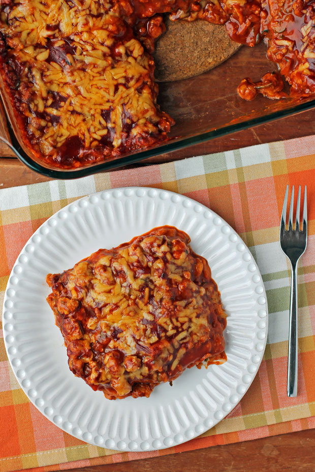 Layered Meat and Bean Enchilada Bake serving from above