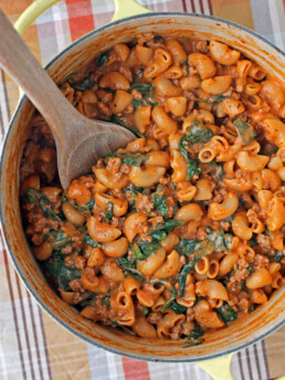 One-Pot Beefy Creamy Tomato Pasta in the pot