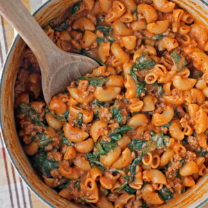 One-Pot Beefy Creamy Tomato Pasta in the pot