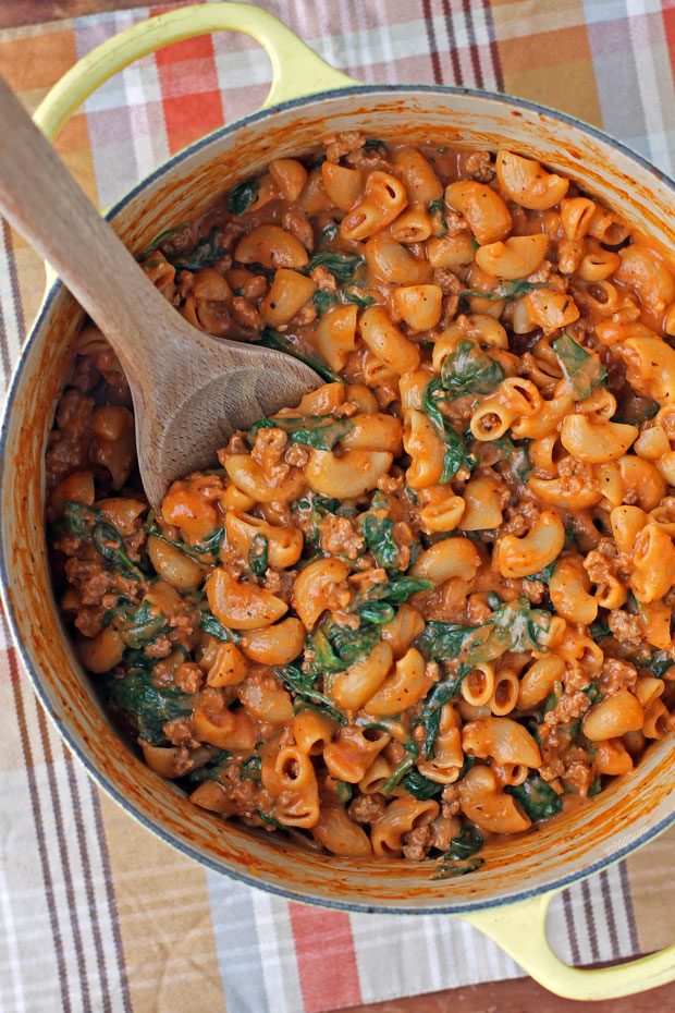 One-Pot Beefy Creamy Tomato Pasta in the pot