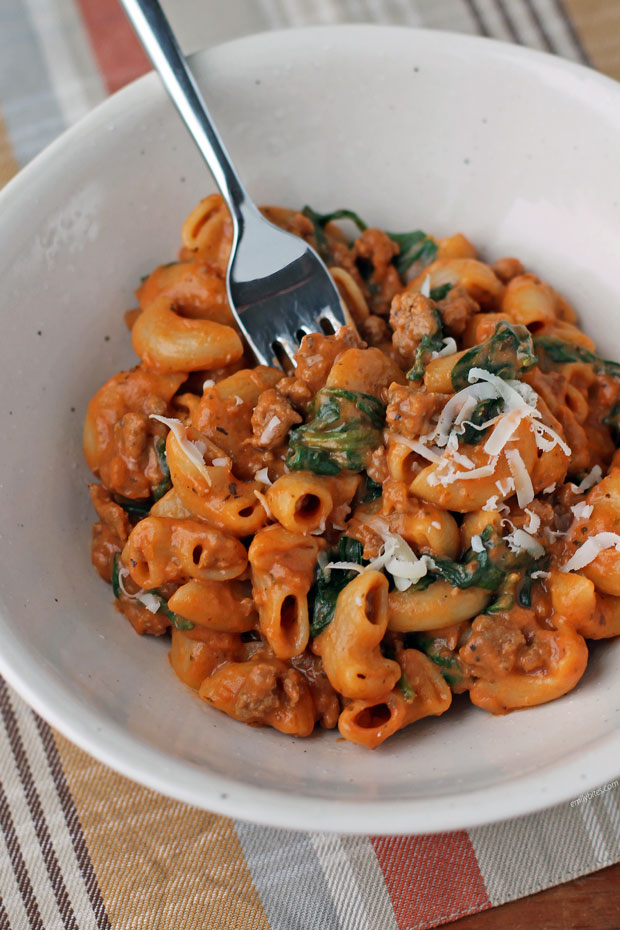 One-Pot Beefy Creamy Tomato Pasta in a bowl