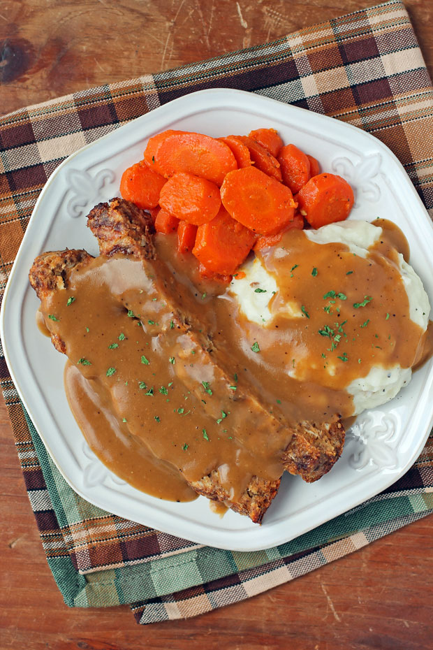 Louisiana Meatloaf with Cajun Gravy plated overhead view