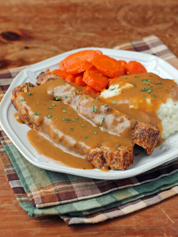 Louisiana Meatloaf with Cajun Gravy, mashed potatoes, and carrots