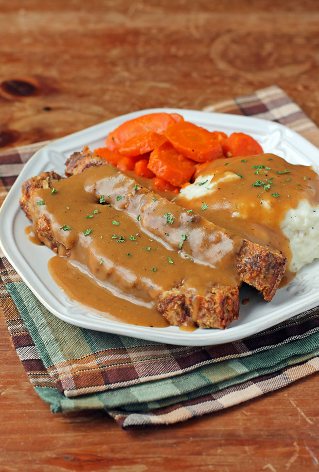 Louisiana Meatloaf with Cajun Gravy, mashed potatoes, and carrots