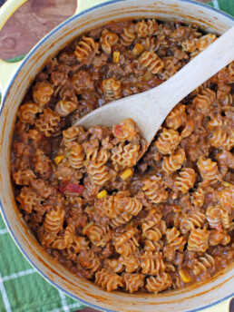 One-Pot Taco Pasta stirred with a spoon