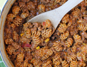 One-Pot Taco Pasta stirred with a spoon