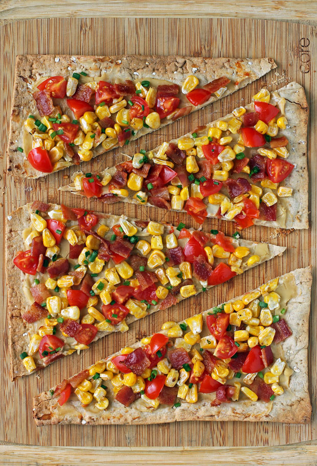 Bacon, Corn and Tomato Flatbread cut into slices