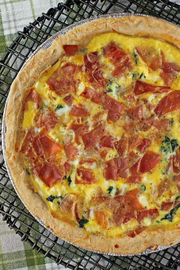 Goat Cheese Prosciutto Quiche on a cooling rack