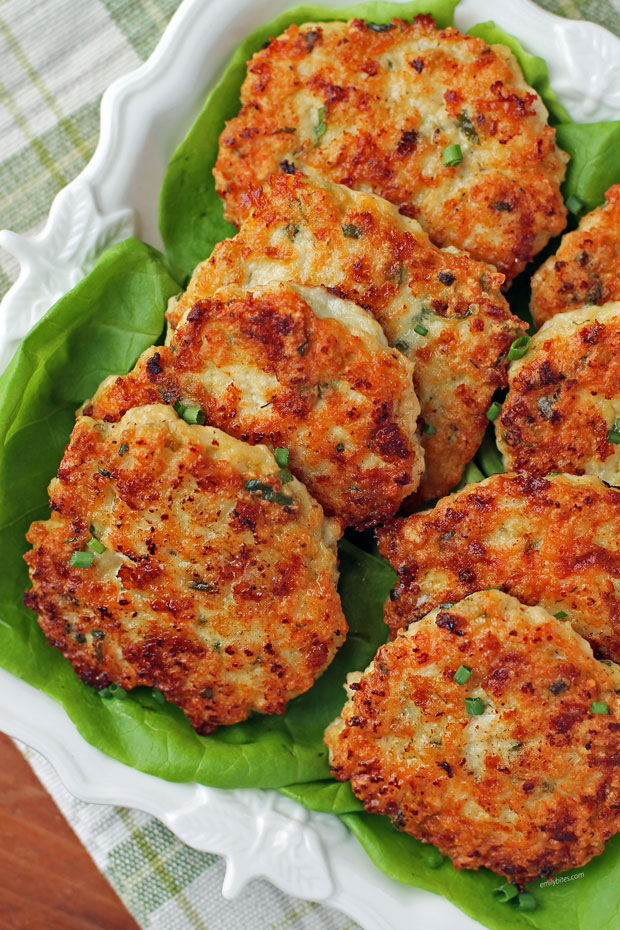 Herb and Cheese Chicken Fritters on a platter