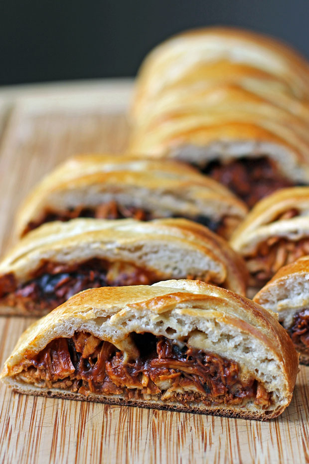 Barbecue Chicken Pizza Braid slices on a cutting board