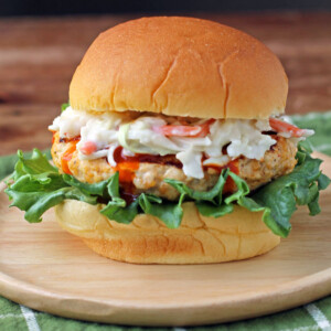 Buffalo Chicken Burger with Blue Cheese Coleslaw on a bun