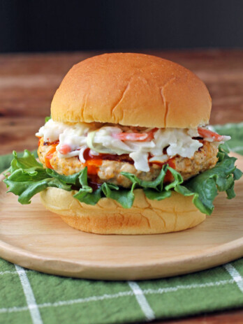Buffalo Chicken Burger with Blue Cheese Coleslaw on a bun