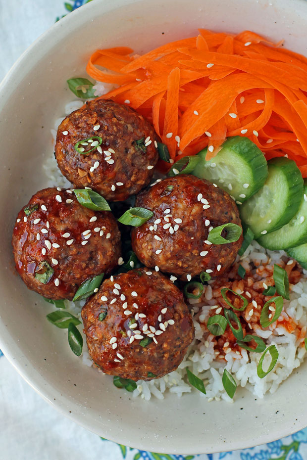 Spicy Korean-Inspired Meatballs with rice, carrots, and cucumbers