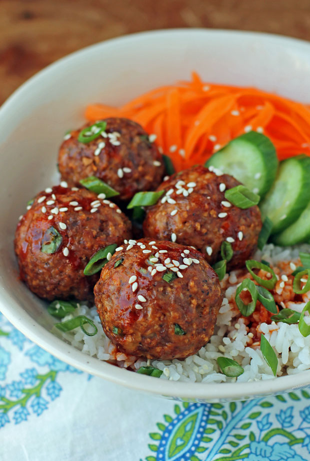 Spicy Korean-Inspired Meatballs in a rice bowl