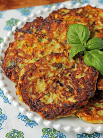 Zucchini Corn Fritter close up on a platter