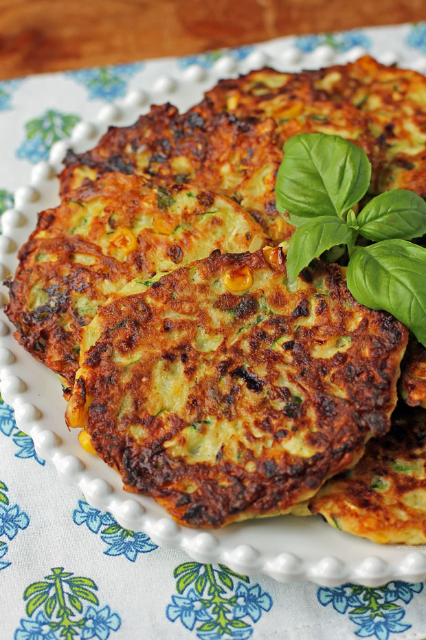 Zucchini Corn Fritter close up on a platter