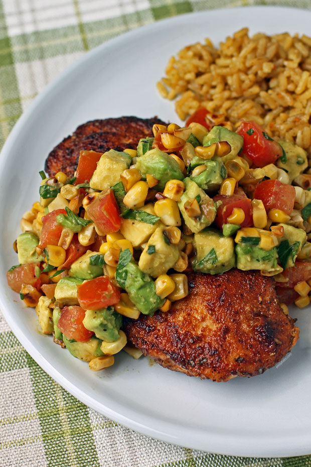 Blackened Chicken with Avocado Corn Topping on a plate