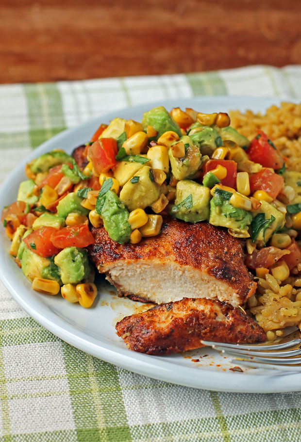 Blackened Chicken with Avocado Corn Topping cut open