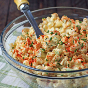 Deviled Egg Macaroni Salad in a serving bowl