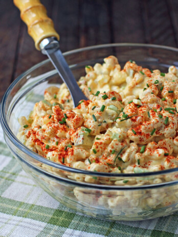 Deviled Egg Macaroni Salad in a serving bowl
