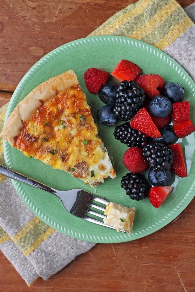 Bacon and Corn Quiche slice with fruit