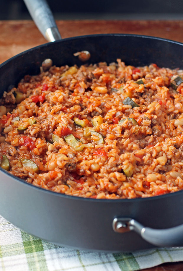 Italian Sausage Bean and Rice Skillet in pan